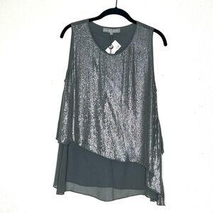 Lola & Sophie Gray Sequin Front Asymmetrical Sheer‎ Chiffon Sleeveless Bl…